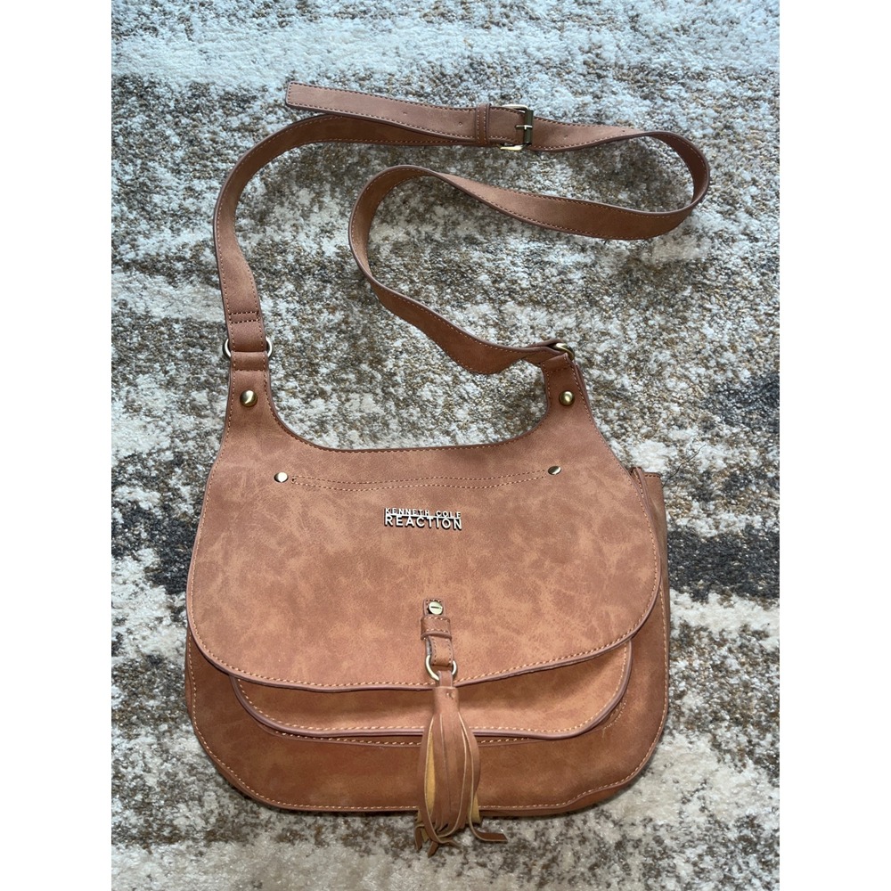 Kenneth Cole Reaction Cognac Faux Leather Tassel Crossbody Saddle Bag Mens